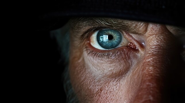 Close-up, intense eye of a man, possibly elderly, in shadow