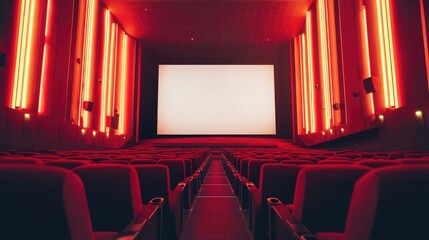Fototapeta premium A luxurious movie theater with plush red seats, a massive blank screen, and soft ambient lighting.