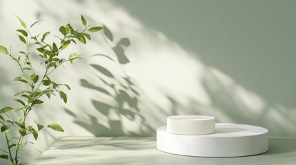 Green aesthetic display podium with plant shadows. Use Product presentation