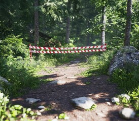 A serene forest path is blocked by a red and white barrier, surrounded by lush greenery and rocks, indicating restricted access.