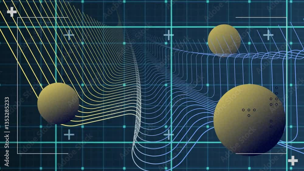 Poster animation of floating spheres over grid with dynamic wave lines and plus symbols
