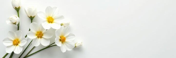 Fototapeta premium Minimalist arrangement of white primrose flowers on a pristine white surface, flowers, minimalist