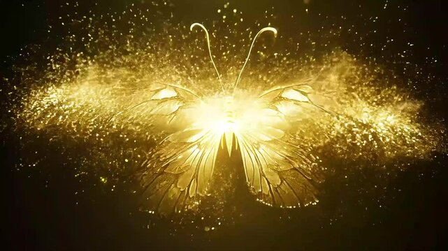 Glowing golden butterfly with intricate wings on dark background