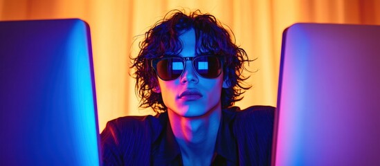 Obraz premium Young man with sunglasses using two computers in vibrant neon lighting.