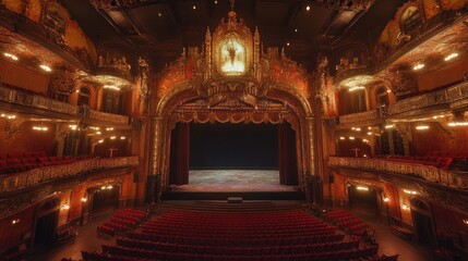 Obraz premium A majestic theater balcony view overlooking rows of red velvet seats and a grand movie screen.