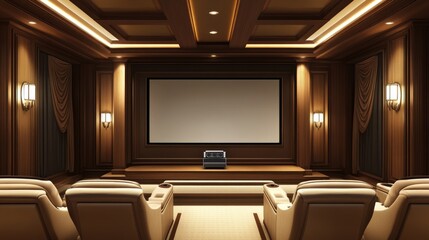 A minimalistic art-house theater with sleek wooden accents and a monochrome screen frame.