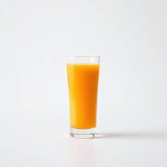 A glass of orange juice, isolated against a bright white background. Soft, diffused light illuminates the scene, emphasizing the juice's clarity and the glass's shape. 