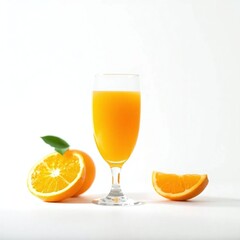 A glass of orange juice, isolated against a bright white background. Soft, diffused light illuminates the scene, emphasizing the juice's clarity and the glass's shape. 