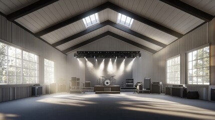 A modern concert venue with architectural lighting effects and a sleek stage design.
