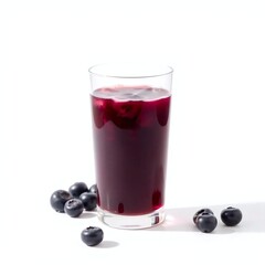 A glass of blueberry juice, elegantly presented against a bright white background. Soft, diffused lighting casts subtle shadows, enhancing its refined appearance