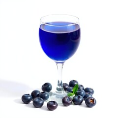 A glass of blueberry juice, elegantly presented against a bright white background. Soft, diffused lighting casts subtle shadows, enhancing its refined appearance