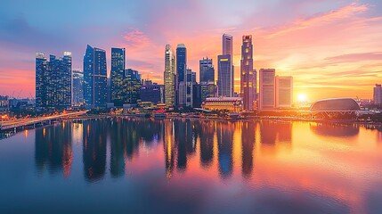 Fototapeta premium Stunning sunrise cityscape reflection in calm water.