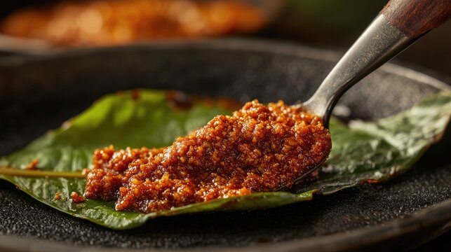 A close-up of red lime paste being spread onto a betel leaf with a small spatula.
