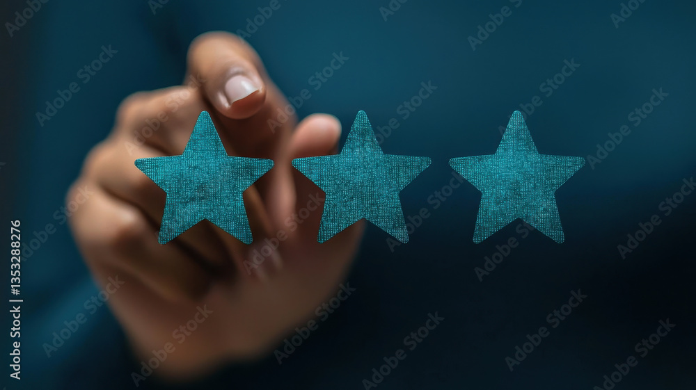 Poster hand is interacting with three textured stars, symbolizing rating or review system. conveys sense of