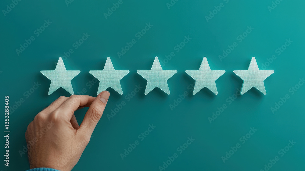 Poster hand is interacting with five transparent stars on teal background, symbolizing rating or review sys