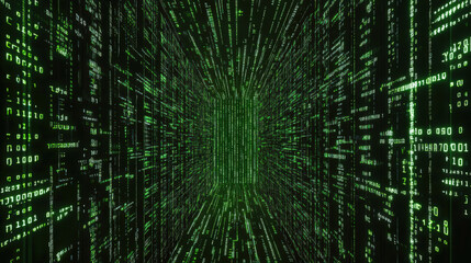 Virtual reality. Zeros and ones. Hacking and cybercrime. Data protection and security. The green matrix of the room. Artificial intelligence. Hacking the system