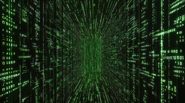 Virtual reality. Zeros and ones. Hacking and cybercrime. Data protection and security. The green matrix of the room. Artificial intelligence. Hacking the system - Powered by Adobe