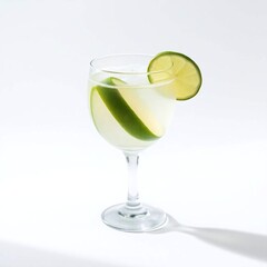 A single glass of lime juice, isolated on a white background. Soft, diffused light creates subtle shadows. The image is graceful and elegant, with refined features