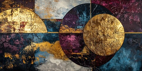 A luxury statement abstract piece with rich, deep colors and intricate gold detailing