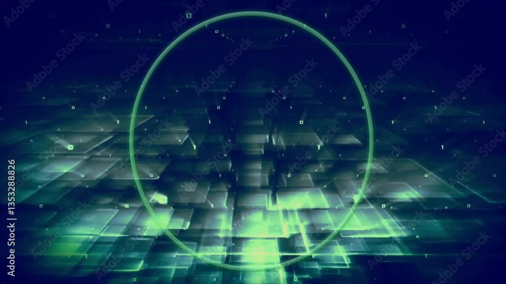Poster animation of glowing green circle over digital grid with abstract geometric patterns
