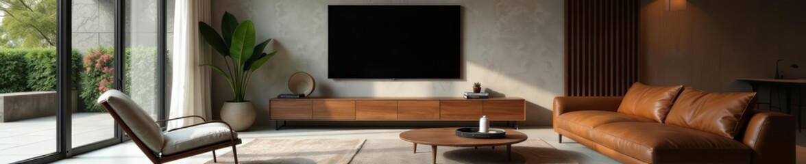Minimalist living room with mounted flat screen tv, sleek leather sofa, and stylish decor, entertainment, design, tv