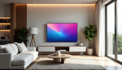 Minimalist living room with modern television and desktop computer in open floor plan, electronics, clean