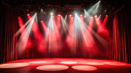 A moody theater stage with deep red curtain lighting and soft warm glow from vintage spotlights.