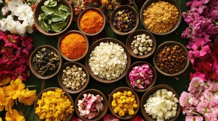 A festive arrangement of paan ingredients surrounded by flower garlands.