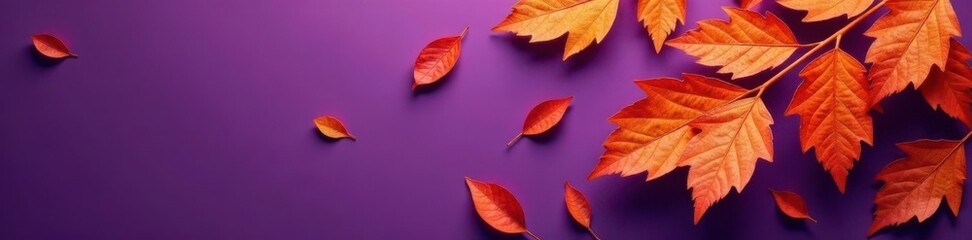 Dry orange metallic leaves scattered on a violet background, forming a striking pattern , violet, orange color