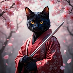 Samurai Cat in Cherry Blossom Garden