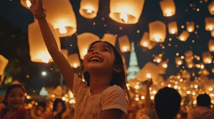 Girl's joyful gaze at sky lanterns illuminating Chiang Mai festival