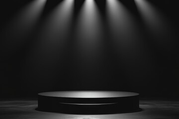 A round black podium under bright spotlight beams in the dark