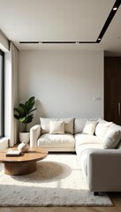 Minimalist living room with sleek furniture and neutral color palette, rug, sofa, minimalist