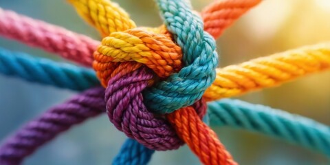 Vibrant and intricate closeup of a multicolored rope knot with blurred background, topdown view emphasizing depth and dimension.