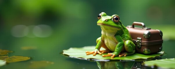 Frog sitting on a lily pad with a suitcase by its side, frog in summer, nature