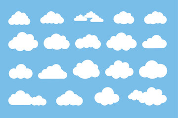 Vector illustration of various white cloud icons on a blue sky background. Perfect for weather, summer, nature, and sky-related designs.