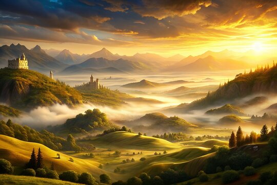A breathtaking golden sunrise illuminates a mystical valley, where ancient castles stand sentinel over rolling hills shrouded in morning mist.
