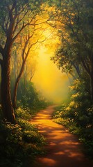 Naklejka premium Golden Sunlight Path Through Forest