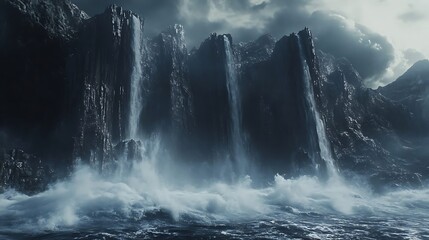 Dramatic waterfalls cascade down rocky cliffs into the turbulent ocean under a stormy sky