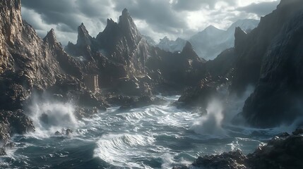 Dramatic seascape with rocky cliffs, crashing waves, and stormy skies perfect for adventure background