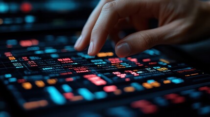 Naklejka premium Digital Interaction: A Close-up of a Hand Interacting with a Futuristic Interface Displaying Data Streams