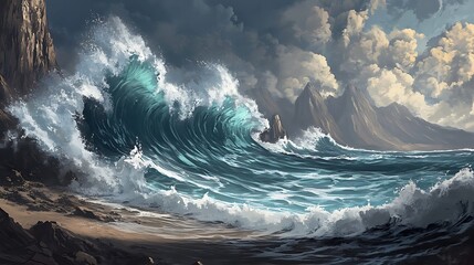 Ocean wave crashing on the shore painting, scenic seascape artwork with rocky cliffs