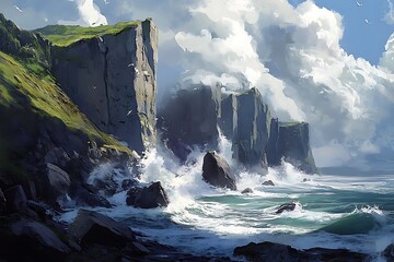 Dramatic coastline scenery with cliffs and crashing waves landscape illustration