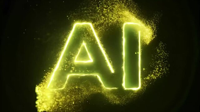 Luminous AI logo dissolve in golden particles against a black background. Glowing trails create ephemeral abstract designs