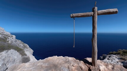 Obraz premium Wooden cross on cliff overlooking ocean