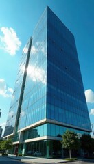 Modern office building with sleek glass fa?ade under bright blue sky, office building, reflection