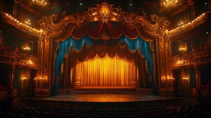 Ornate stage with gold curtains, ready for a performance.