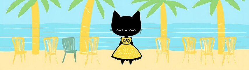 Obraz premium Black Cat in Yellow Dress Beach.
