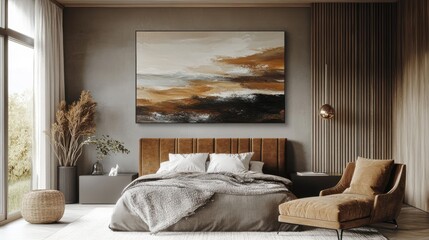 Modern bedroom interior featuring a large abstract painting, cozy bed, and natural light streaming through windows