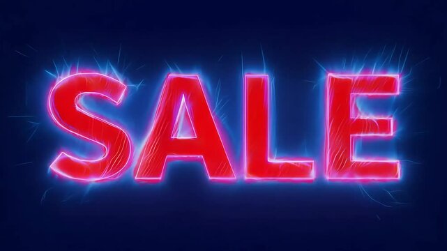 Red SALE text outlined by electric blue glow, on a dark blue background. Bold display promoting savings
